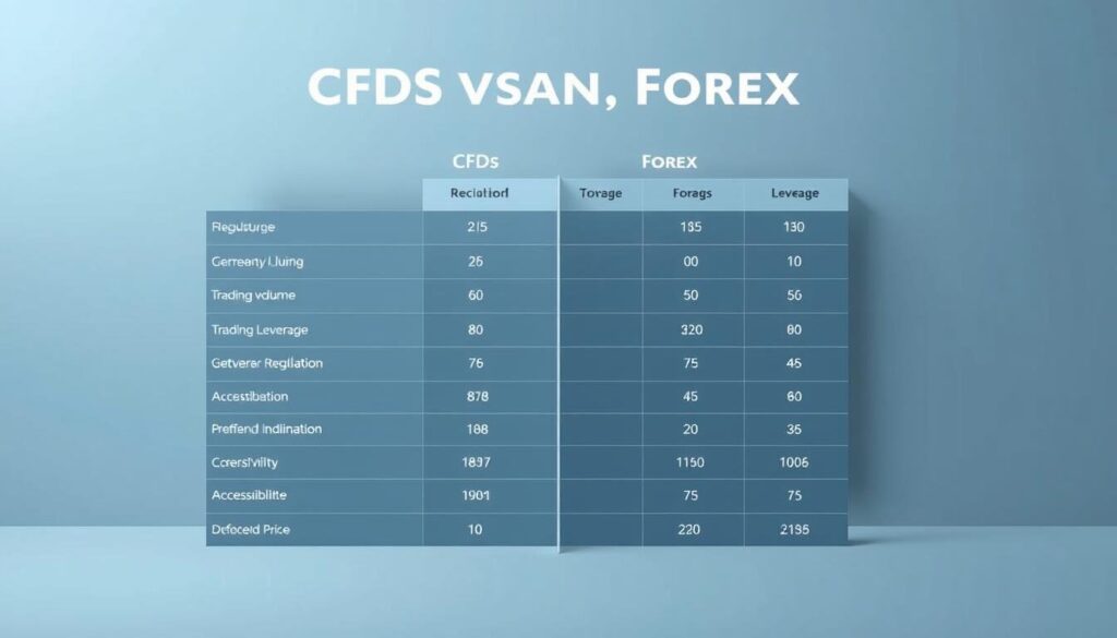 A detailed comparison chart displaying key metrics for the CFD and Forex trading markets. The chart is rendered against a sleek, minimalist background, with clean lines and a muted color palette of blues, grays, and whites. The chart itself features neatly arranged columns and rows, showcasing critical data points such as trading volume, leverage, regulation, and accessibility in a clear, easy-to-digest format. The overall design is sophisticated and professional, reflecting the subject matter and serving as a valuable visual aid for the article.