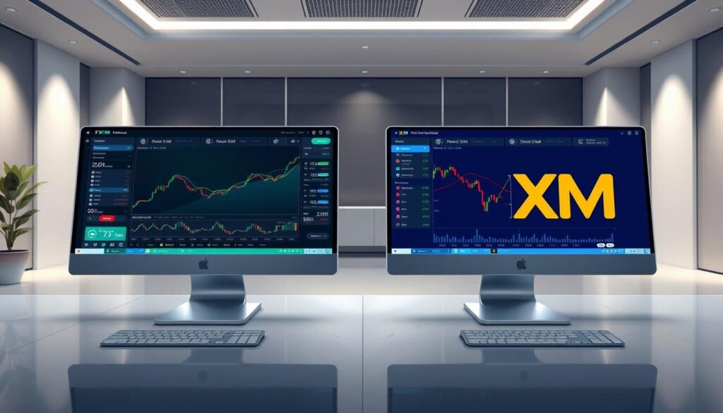 A detailed comparison of FXTM and XM trading platforms, captured in a highly detailed and photorealistic illustration. The foreground showcases the distinctive user interfaces and trading tools of each platform, presented side-by-side with a clean, modern aesthetic. The middle ground highlights key features such as market analysis, order execution, and customer support, allowing a viewer to easily discern the unique advantages of each broker. The background depicts a serene, minimalist office setting, with subtle lighting and textures that enhance the professional, high-quality feel of the image. The overall composition is balanced, informative, and visually engaging, making it an ideal complement to the "Detailed Review: FXTM and XM Trading" section of the article.