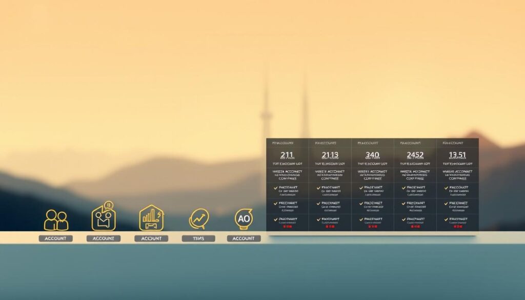 A detailed comparison of different Forex account types, showcased in a clean, minimalist style. The foreground depicts a series of elegant, abstract account icons - each representing a unique account tier with distinct features and trading conditions. The middle ground features a sleek, modern dashboard displaying key metrics and statistics for each account option. The background is a serene, gradient-based landscape, creating a sense of depth and professionalism. Warm, balanced lighting illuminates the scene, and a shallow depth of field focuses the viewer's attention on the key account details. The overall mood conveys a sense of informed decision-making and financial acumen.