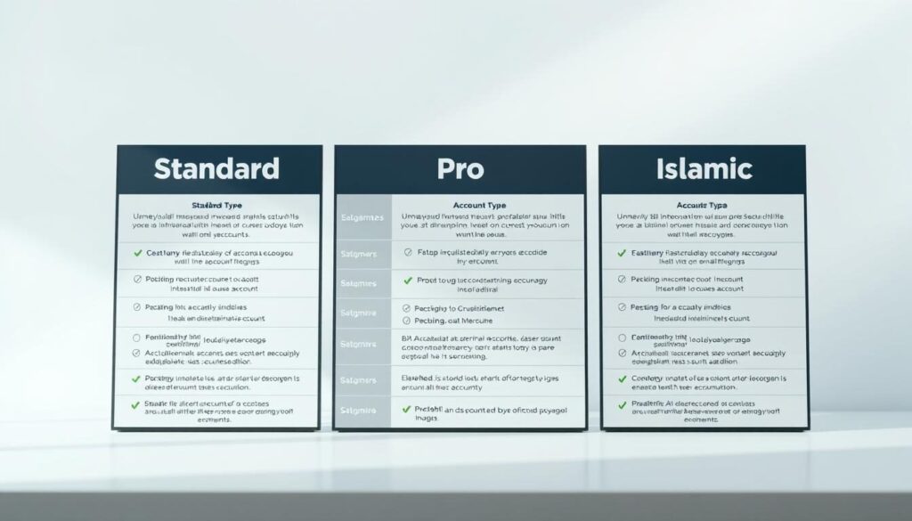 A detailed comparison of different account options, showcased against a clean, minimalist background. In the foreground, three distinct account types - Standard, Pro, and Islamic - are visually represented with subtle design elements and icons that clearly distinguish their features. The middle ground depicts a grid-like layout, highlighting the key differences between the account options in a concise and organized manner. Soft, directional lighting casts a professional, informative atmosphere, emphasizing the informational nature of the content. The overall composition is balanced, visually appealing, and designed to effectively convey the subject matter.