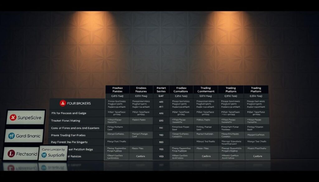 A detailed comparison of forex brokers presented in a sleek, professional layout. In the foreground, several broker logos and key features are prominently displayed, each with a clear and concise visual hierarchy. The middle ground showcases a table-like grid layout, meticulously organized to allow for easy comparison of broker services, fees, and trading platforms. The background features a subtle, geometric pattern in muted tones, creating a sense of sophistication and authority. The lighting is soft and indirect, casting a warm, inviting glow over the entire scene. The overall composition conveys a sense of informed decision-making, empowering the viewer to make an educated choice among the best forex brokers in Singapore.
