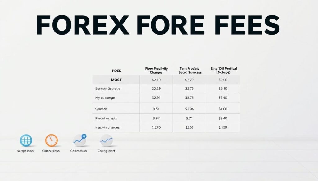 A detailed comparison of forex fees from multiple brokers, presented in a clean and informative infographic. The foreground showcases various fee types like spreads, commissions, and inactivity charges, each represented by distinct icons. The middle ground features a concise tabular layout displaying the fee structures of top forex brokers. The background sets a neutral, light-colored scene with subtle geometric patterns, creating a professional and data-driven atmosphere. Captured with a wide-angle lens and balanced lighting to provide a comprehensive overview of the subject matter.