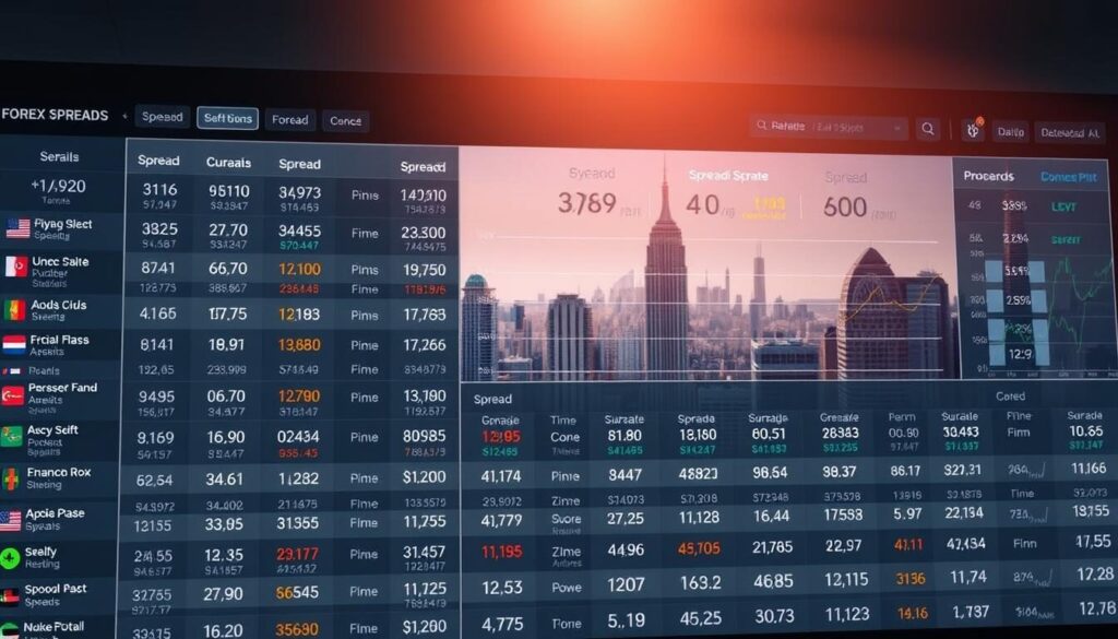 A detailed comparison of forex spreads shown on a sleek, modern financial dashboard. In the foreground, a grid of currency pairs and their corresponding spreads, rendered in a clean, minimalist style with crisp typography. The middle ground features interactive graphs and charts, allowing users to visualize spread data across time. The background depicts a stylized cityscape, hinting at the global nature of the forex market. Soft, directional lighting creates depth and emphasizes the data visualization elements. The overall tone is professional, data-driven, and designed to convey a sense of authority and expertise on the topic of forex spreads.