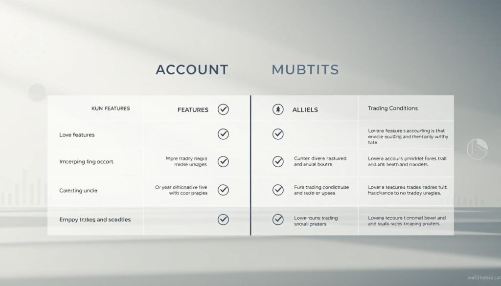 A detailed comparison of forex trading account types, showcased in a visually compelling infographic. A sleek, minimalist design with clean lines and a neutral color palette, accentuated by precise geometric shapes and icons. The foreground features a side-by-side comparison of account types, their key features, and trading conditions prominently displayed. The middle ground includes subtle background textures and gradients, creating depth and visual interest. The background subtly suggests a financial or investment theme, with muted patterns and shapes evoking graphs, charts, or stock tickers. Soft, diffused lighting creates a professional, authoritative atmosphere, guiding the viewer's attention to the central comparison. The overall composition is balanced, elegant, and designed to effectively communicate the key information to the reader.