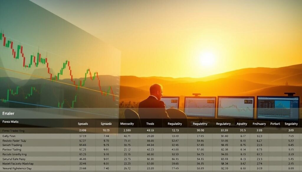 A detailed comparison of prominent forex brokers in Italy, showcased against a backdrop of the Italian landscape. In the foreground, sleek financial charts and graphs hover above a table displaying key broker metrics - spreads, fees, regulatory status, and more. The middle ground features a row of professional traders examining their trading platforms on high-resolution monitors, casting a warm, focused glow. In the distance, the rolling hills of the Italian countryside are bathed in golden afternoon light, conveying a sense of stability and prosperity. The overall mood is one of informed decision-making, professionalism, and the financial vitality of Italy's forex market.