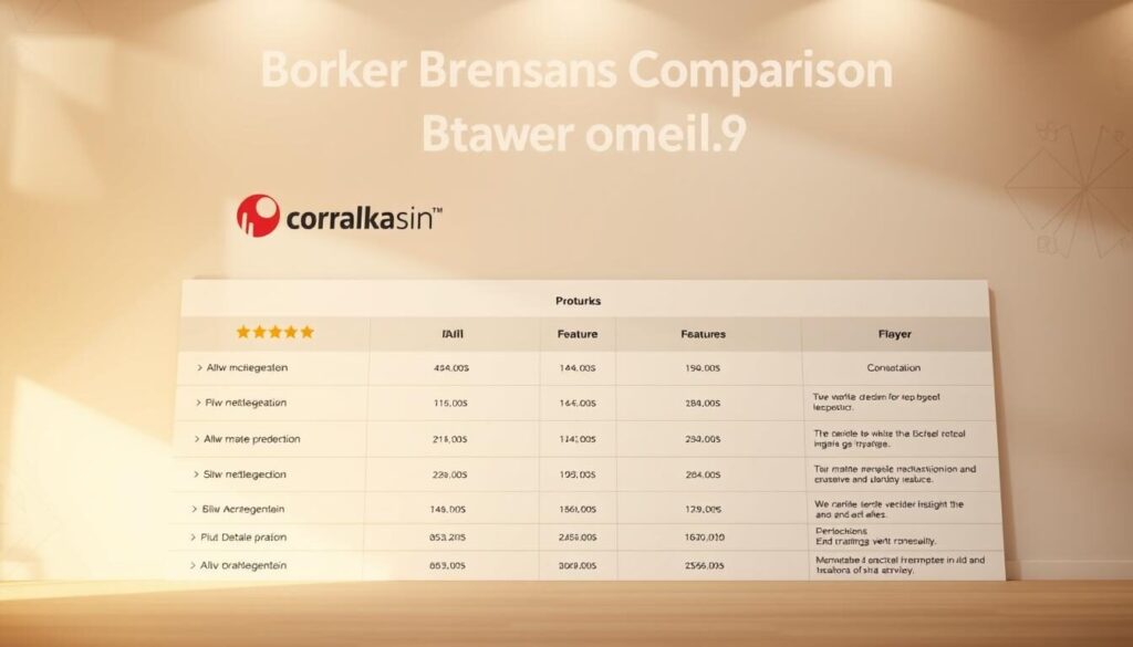 A detailed comparison of the top forex brokers in Poland, presented in a clean, modern layout. The foreground features prominently displayed broker logos and ratings, while the middle ground showcases key statistics and features side-by-side. The background provides a subtle, minimalist design with soft gradients and geometric patterns, creating a professional and trustworthy atmosphere. The lighting is soft and diffused, with a warm color palette that evokes a sense of stability and reliability. The camera angle is slightly elevated, giving an overview of the comprehensive broker information.