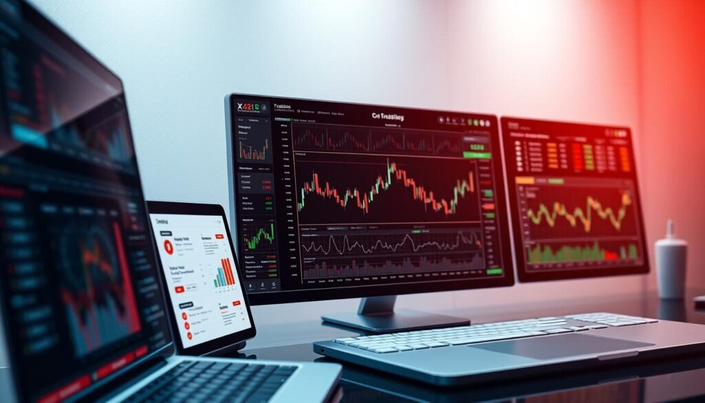 A detailed comparison of the top trading platform features, depicted in a sleek and modern layout. The foreground showcases various trading tools and analytics, meticulously rendered with a focus on clean UI design. The middle ground highlights detailed charts, graphs, and performance metrics, presented in a visually striking manner. The background features a subtle gradient or texture, lending a sense of sophistication and professionalism to the overall composition. Crisp lighting accentuates the various elements, creating depth and drawing the viewer's attention to the key features. The image conveys a sense of sophistication, efficiency, and technological prowess, perfectly suited for an article on the best forex brokers for CFD trading.