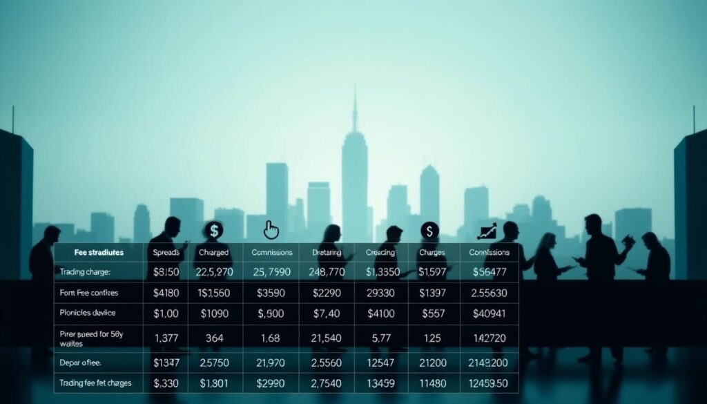 A detailed comparison of trading fees across multiple financial platforms, presented in a clear and visually compelling manner. The foreground showcases a grid-like layout highlighting the key fee structures, with icons and numerical data for spreads, commissions, and other relevant charges. The middle ground features silhouettes of traders and their devices, conveying the active nature of the financial markets. The background depicts a minimalist cityscape, reinforcing the global, interconnected nature of the trading ecosystem. Soft, diffused lighting creates a professional, authoritative atmosphere, while a subtle color palette of blues and grays emphasizes the analytical nature of the content. The overall composition should strike a balance between informative clarity and aesthetic appeal.