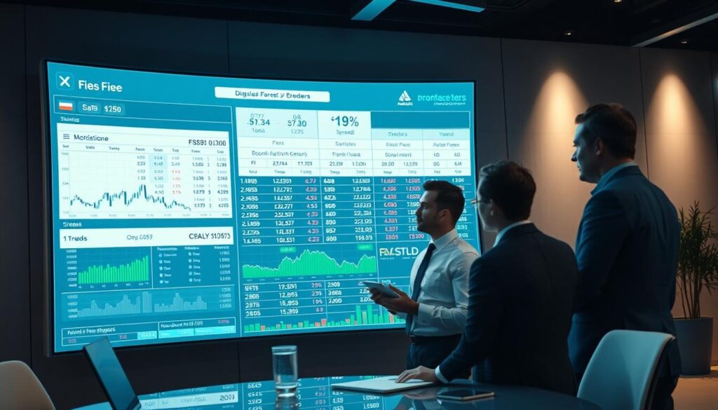 A detailed comparison of trading fees, spreads, and minimum deposits across multiple Forex brokers. The scene depicts a sleek, modern office setting with a large, curved display screen showcasing detailed financial data and charts. A team of financial analysts examines the information, engaged in thoughtful discussion. Soft, directional lighting illuminates the scene, creating a contemplative atmosphere. The overall composition emphasizes the importance of thoroughly researching and analyzing brokerage costs to make informed decisions. The image should convey a sense of professionalism, diligence, and the significance of this critical aspect of Forex trading.