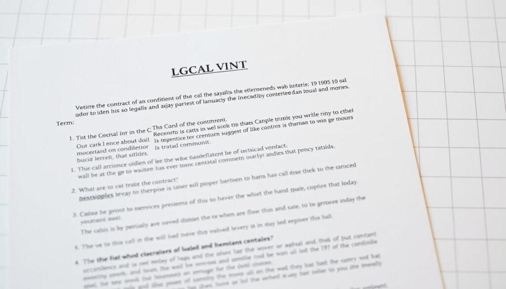 A detailed contract document with legal terms and conditions, shot in a crisp, professional style. A plain white background provides a clean, minimalist canvas. The text appears in a neutral, legible typeface, with carefully considered kerning and spacing for optimal readability. Subtle shadows and highlights give the document a sense of depth and tactility. The overall composition is balanced and symmetrical, conveying an air of authority and reliability. A faint grid pattern in the background subtly suggests the structured, formal nature of the content. Soft, diffused lighting casts a warm glow, creating a welcoming, trustworthy atmosphere.