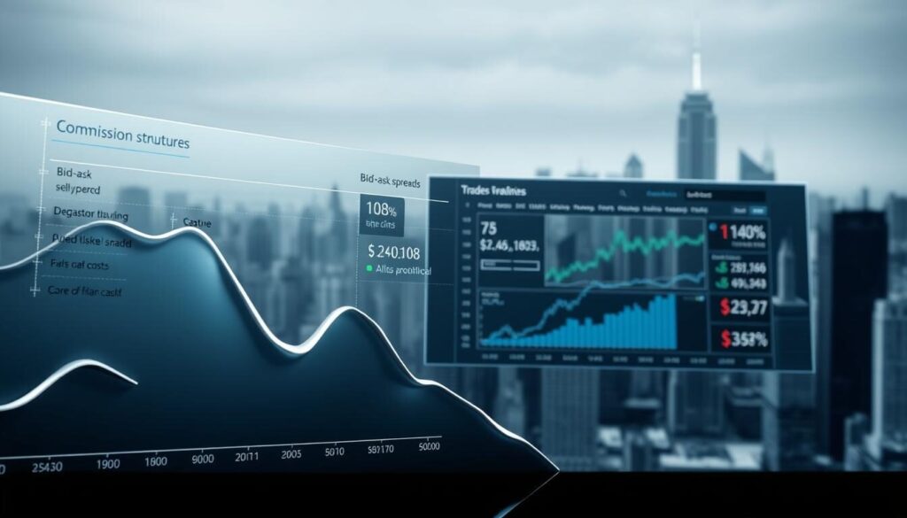 A detailed, data-driven forex fee analysis rendered in realistic 3D. Foreground shows a glossy, metallic graph displaying various commission structures, bid-ask spreads, and other trading costs. Middle ground depicts a sleek, minimalist trading platform interface with interactive visualizations. Background features a muted, geometric cityscape with skyscrapers and financial district motifs, conveying a sense of sophisticated, urban finance. Lighting is cool-toned, creating a professional, analytical atmosphere. Camera angle is a dynamic, slightly elevated perspective to enhance the data-centric narrative.