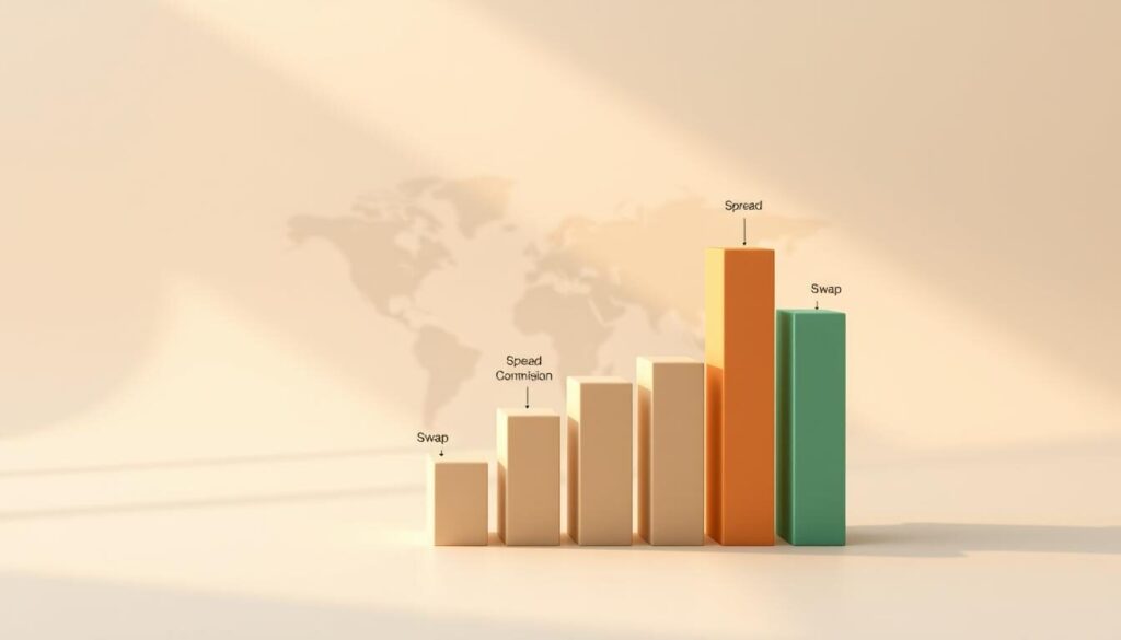 A detailed diagram of a forex trading account's fee structure, rendered in a clean, minimalist style. In the foreground, a simple 3D bar chart shows the breakdown of different fees - spread, commission, swap, and other charges. The middle ground features a stylized world map, subtly suggesting the global nature of forex trading. The background is a soft, muted gradient, creating a professional, informative atmosphere. Warm, natural lighting casts subtle shadows, accentuating the geometrical shapes. The overall composition is balanced and accessible, designed to clearly illustrate the key components of a forex broker's fee structure.