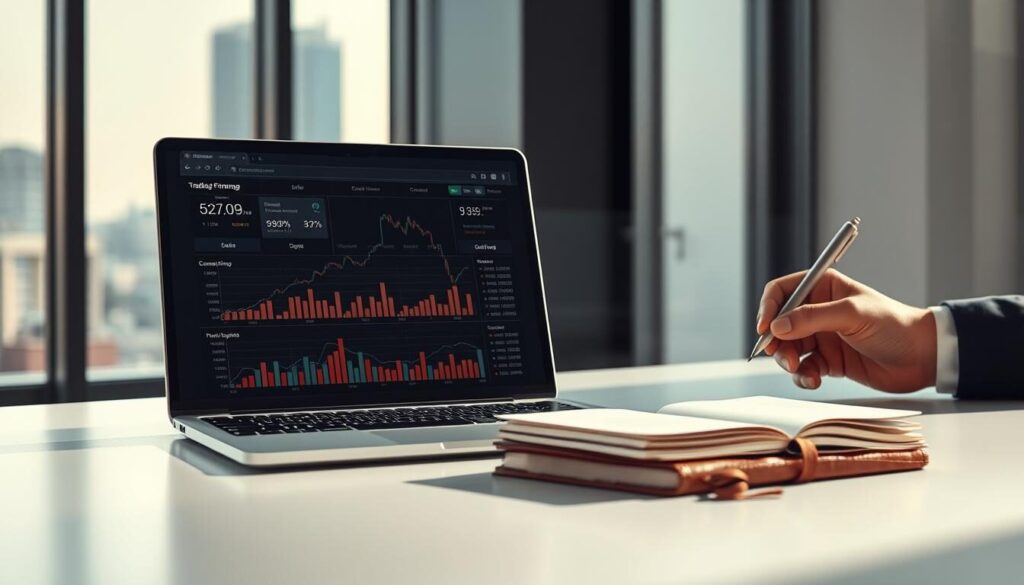 A detailed financial analysis chart presented on a sleek, minimalist desk. In the foreground, a laptop displaying a comprehensive data visualization of trading fees and spreads, with neatly organized charts and graphs. In the middle ground, a professional-looking hand writes notes on a leather-bound notebook. The background features a subtle, blurred cityscape through a large, floor-to-ceiling window, conveying a sense of urban sophistication. The lighting is soft and natural, creating a warm, contemplative atmosphere. The overall scene evokes a sense of diligent research and informed decision-making in the world of foreign exchange trading.