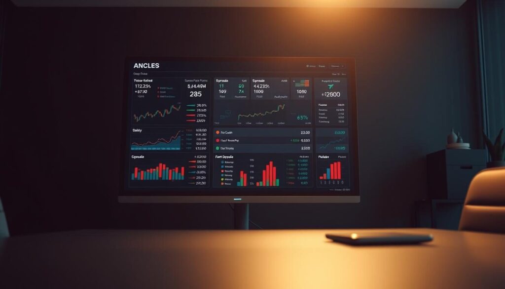 A detailed financial analysis dashboard showcasing broker fees and spreads data. A sleek, modern interface with various charts, graphs, and data visualizations presented on a large monitor screen. The display shows real-time updates, with precise numerical values and percentage changes highlighted. The scene is set in a dimly lit, minimalist office space, with indirect lighting casting a warm, focused glow on the screen. The dashboard provides a comprehensive, data-driven overview to aid in evaluating and comparing different forex brokers and their offerings.