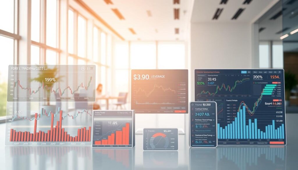 A detailed financial analysis of trading costs, including spreads, leverage, and fees, presented in a sleek, modern visual style. In the foreground, a series of interactive charts and graphs illustrate the key metrics, their fluctuations, and comparative insights. The middle ground features a 3D model of a currency trading platform, showcasing the intuitive user interface and real-time data feeds. In the background, a clean, minimalist office setting with large windows, allowing natural light to create a bright, professional atmosphere. The overall mood is one of clarity, precision, and data-driven decision-making, perfectly suited to the "Trading Costs" section of the article.