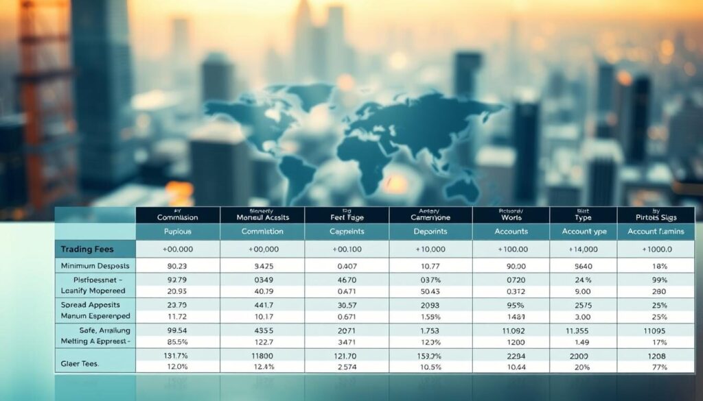 A detailed financial comparison chart showcasing various trading fees, spreads, and account types. The foreground features a sleek, modern table with clean lines and minimal design, displaying key metrics like commission rates, minimum deposits, and account features in a clear, easy-to-digest format. The middle ground depicts a stylized world map, subtly hinting at the global nature of the financial markets. The background is a softly blurred cityscape, conveying a sense of dynamic, technological progress. The lighting is warm and inviting, with subtle shadows and highlights accentuating the professional, authoritative tone. The overall composition is balanced, with a focus on providing comprehensive, objective information to the viewer.