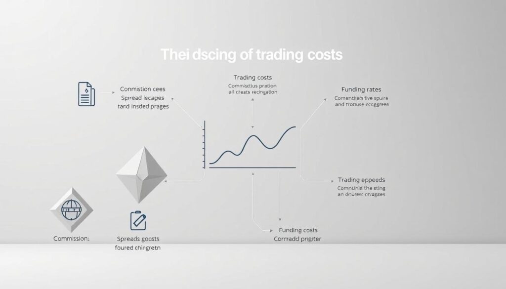A detailed financial diagram showcasing the breakdown of trading costs, set against a clean, minimalist backdrop. In the foreground, various cost components such as commission fees, spreads, and funding rates are represented through distinct geometric shapes and infographic-style icons. The middle ground features a simplified chart or graph visualizing the relative proportions of these elements. The background maintains a muted, monochromatic palette, allowing the financial information to take center stage. The overall composition conveys a sense of clarity, precision, and a data-driven approach to understanding the full scope of trading expenses.