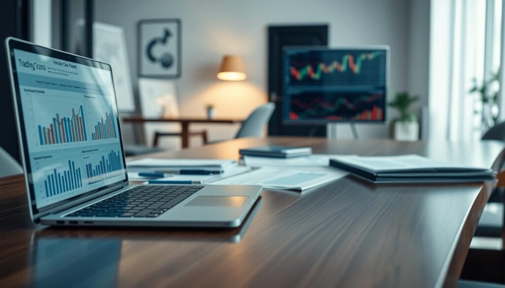 A detailed financial report on trading costs analysis, presented in a clean and professional manner. The foreground features a polished wooden desk with a laptop displaying charts, graphs, and data visualizations. The middle ground showcases various financial documents, spreadsheets, and reports neatly organized. The background depicts a modern office setting with minimalist decor, soft lighting, and a subtle depth of field to focus the viewer's attention on the analytical tools. The overall atmosphere conveys a sense of thoughtful deliberation and careful examination of the subject matter.