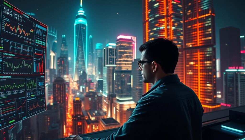 A detailed, futuristic cityscape at night, featuring advanced trading terminals and analytics displays. The scene is bathed in a warm, neon-tinged lighting, creating a sleek, high-tech ambiance. In the foreground, a trader intently analyzing complex financial charts and algorithms on a large, curved holographic screen. The middle ground showcases a network of digital dashboards, algorithmic trading algorithms, and real-time market data visualizations. The background depicts a sprawling metropolis with towering skyscrapers, their glass facades reflecting the vibrant lights below. An atmosphere of technological innovation, financial sophistication, and the pursuit of market edge permeates the scene.