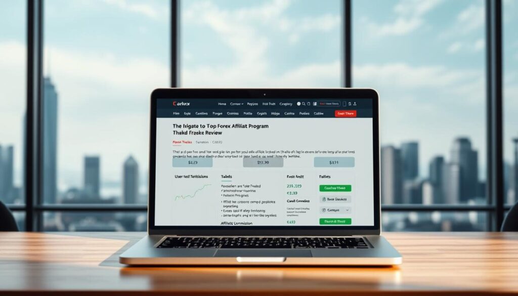 A detailed, high-quality image of a professional forex broker's review webpage. Set in a modern, minimalist web design with a neutral color palette. The central focus is a laptop display showcasing an in-depth evaluation of a top-rated forex affiliate program, complete with performance metrics, user testimonials, and affiliate commission details. The background features a blurred cityscape with skyscrapers, hinting at the global scale of the forex market. The lighting is soft and natural, creating a sense of authority and trustworthiness. The camera angle is slightly elevated, giving the viewer a sense of looking down on the content with a professional, analytical perspective.