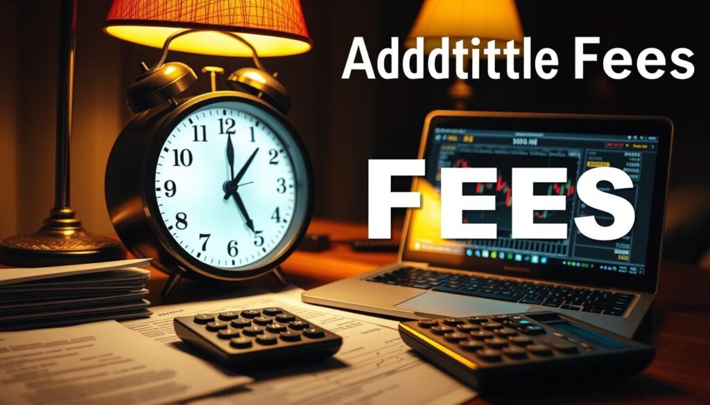 A detailed, high-quality image of overnight financing fees, featuring a close-up of a digital clock displaying a late-night time, surrounded by financial documents, a calculator, and a laptop displaying stock charts. The scene is illuminated by a warm, amber-toned lamp, creating a pensive, contemplative atmosphere. The composition emphasizes the burden and hidden costs associated with extended market positions, conveying the theme of "Additional Fees: Overnight Financing and Hidden Costs".