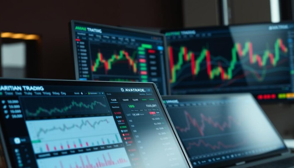 A detailed, high-resolution image of the AvaTrade trading platforms, showcasing their modern and user-friendly interface. The foreground depicts the main dashboard, displaying real-time market data, customizable charts, and intuitive trading tools. The middle ground features various account management and order execution functionalities, seamlessly integrated for a streamlined trading experience. The background subtly highlights the platform's advanced technical analysis capabilities, with candlestick charts and technical indicators visible. The scene is illuminated by soft, natural lighting, creating a calm and professional atmosphere that reflects AvaTrade's reputation for reliability and excellence in the South African forex market.