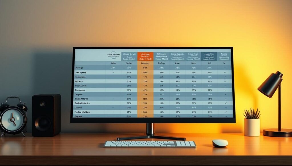 A detailed, highly informative spreads comparison chart displayed on a modern, minimalist desk setup. The chart features clear, data-driven visuals comparing key metrics like average spreads, minimum deposits, and trading platforms across a selection of prominent forex brokers. The chart is illuminated by warm, directional lighting that casts subtle shadows, creating depth and emphasizing the information layout. The overall scene conveys a sense of professionalism and analytical focus, suitable for an article on selecting the best forex broker.