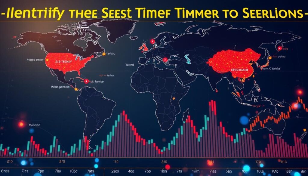 A detailed illustration depicting the optimal forex trading sessions, showcasing the different global financial markets and their respective peak activity hours. The image should feature a world map in the background, with distinct time zones and prominent financial centers highlighted. In the foreground, visualization of the trading volume and volatility across the various forex sessions, represented through dynamic graphical elements. The composition should convey a sense of global connectivity and the strategic timing required for successful forex trading, aligning with the article's section on "Identifying the Best Time to Trade."