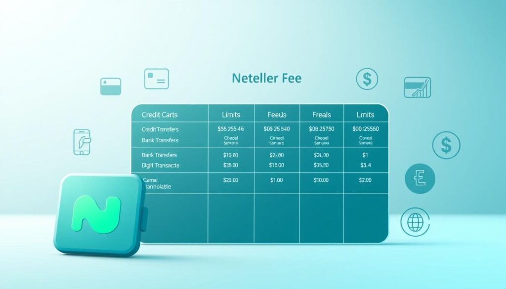 A detailed illustration of Neteller's fee structure, showcased in a clean, minimalist design. In the foreground, a sleek, modern wallet icon represents the Neteller platform, with various fee-related icons such as credit cards, bank transfers, and digital currencies surrounding it. The middle ground features a simple, elegant chart or table outlining the different fees, limits, and transaction types, all rendered in a cool, professional color palette. The background is a subtle, blurred pattern or texture, creating a sense of depth and sophistication. The overall scene conveys a sense of financial security, transparency, and user-friendly navigation of Neteller's fee structure.