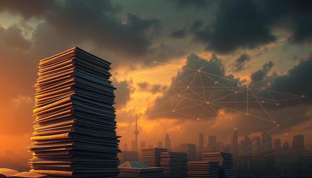 A detailed illustration of a forex broker's B-Book risk management model. In the foreground, a towering stack of financial ledgers and reports, symbolizing the complex data and analysis required. In the middle ground, a network of interconnected lines and arrows, visualizing the flow of risk exposure and counterparty relationships. In the background, a brooding, moody sky, reflecting the inherent uncertainty and volatility of the forex market. The scene is bathed in a warm, amber-hued lighting, creating a sense of depth and drama. The overall atmosphere conveys the critical importance of effective risk management in the high-stakes world of forex trading.