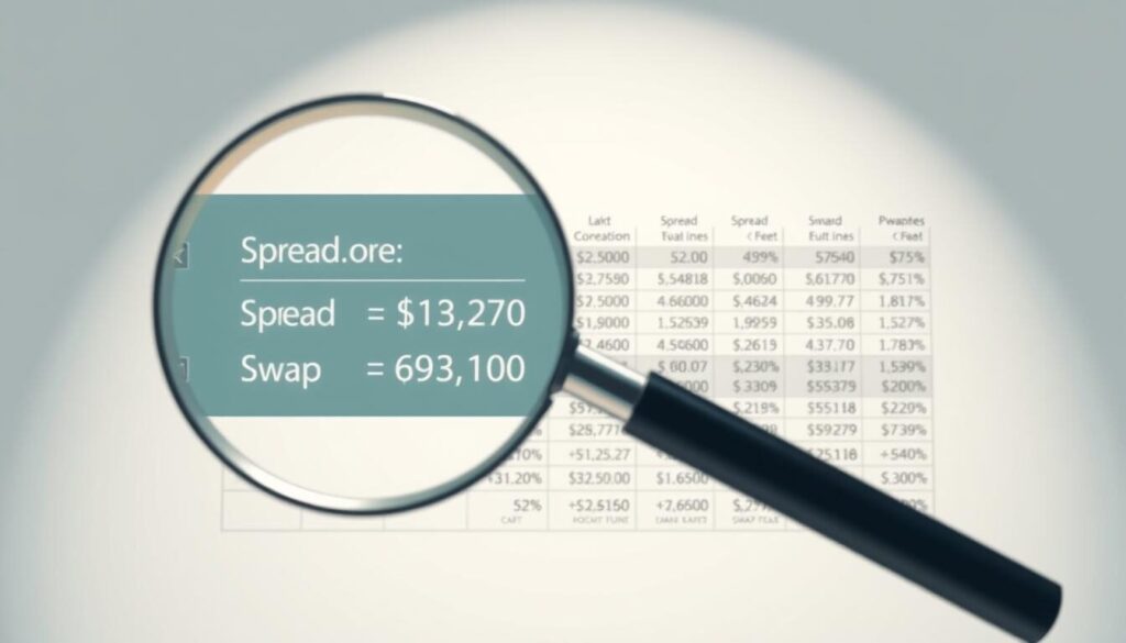 A detailed illustration of forex spreads and swap fees, showcasing the key financial elements in a clean, minimalist design. In the foreground, a magnifying glass examines a section of a forex trading platform, highlighting the spread and swap fee information. The middle ground features a grid-like layout of various currency pairs, their corresponding spreads, and swap fees, presented in a clear, easy-to-understand manner. The background is a soft, neutral gradient, allowing the financial data to take center stage. The lighting is natural and indirect, creating a sense of professionalism and clarity. The overall composition and color palette convey a sense of precision, efficiency, and financial expertise.