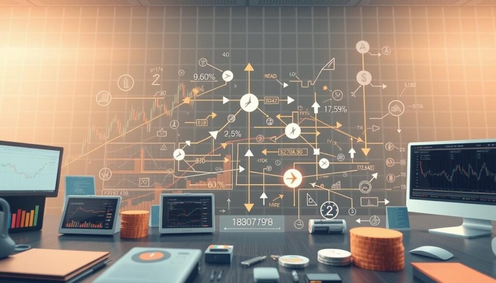 A detailed illustration showcasing the commission and spread mechanics in the forex trading industry. The foreground depicts various financial instruments like currency pairs, charts, and trading platforms. The middle ground features an intricate network of arrows, lines, and mathematical symbols visualizing the flow of commissions and spreads between traders, brokers, and market makers. The background sets a professional, data-driven atmosphere with a soft, muted color palette and subtle grid patterns. Crisp, high-resolution rendering with a slightly wide-angle camera lens to capture the scale and complexity of the financial ecosystem.