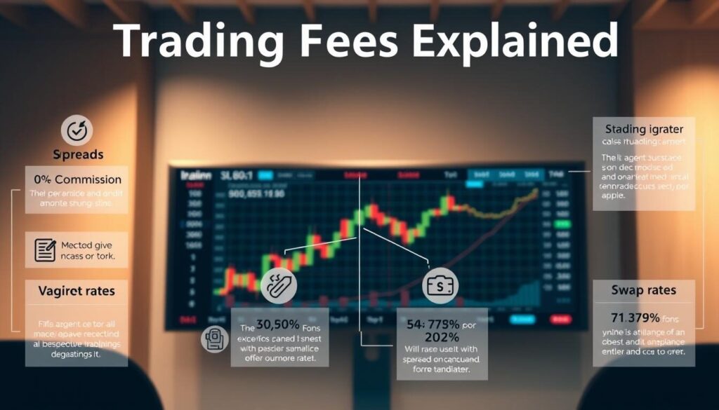 A detailed infographic depicting "Trading Fees Explained" for a financial article. The foreground shows various types of trading fees, such as commission, spreads, and swap rates, illustrated with clean vector icons and numerical callouts. The middle ground features a stock chart or forex market dashboard, emphasizing the relevance of understanding fees in the context of active trading. The background has a muted, professional tone with soft gradients or a subtle geometric pattern, creating a polished, informative visual. Lit from the top-left with a warm, natural lighting setup to convey a sense of clarity and approachability.