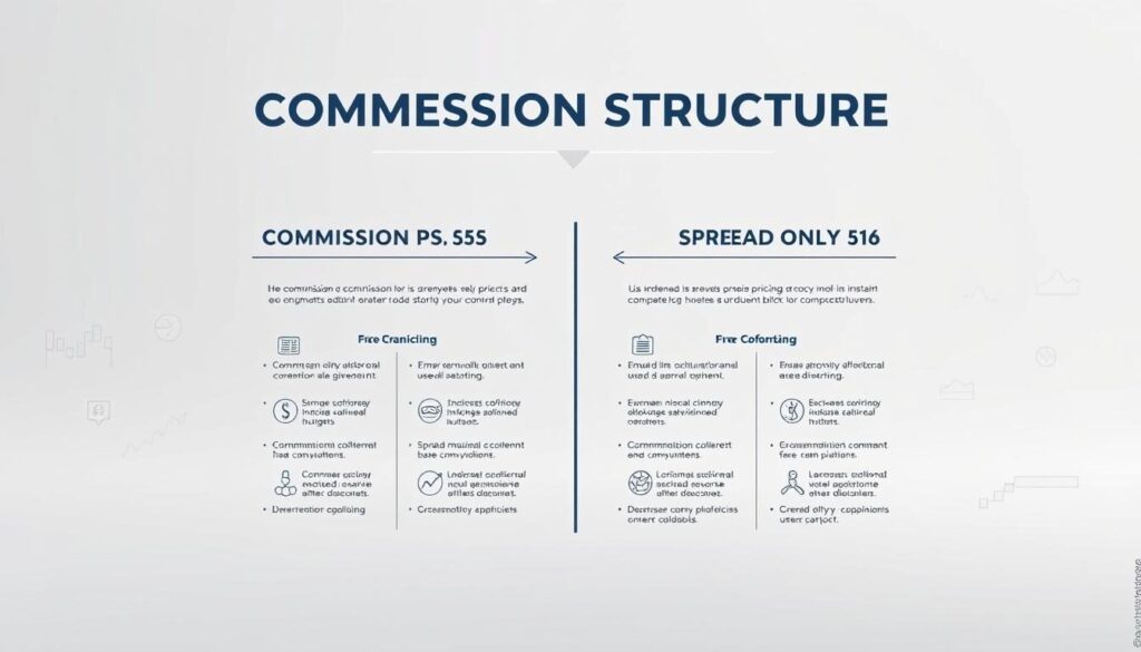 A detailed infographic depicting the intricacies of commission structures in the financial markets. Set against a clean, minimalist backdrop, the foreground showcases a clear visual comparison of commission-based pricing and spread-only pricing models, using intuitive icons and clean typography. The middle ground features a breakdown of the key components and advantages of each pricing structure, while the background subtly incorporates stock market graphs and currency exchange symbols to reinforce the financial context. Rendered with a crisp, high-resolution photorealistic style and balanced lighting to create a professional, authoritative appearance.