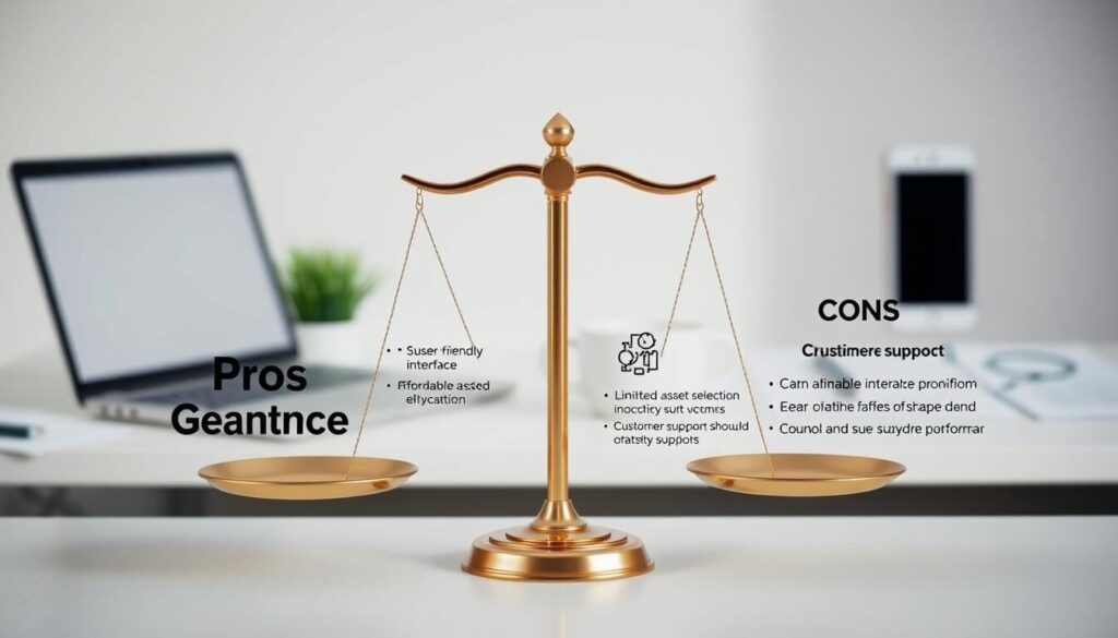 A detailed infographic showcasing the pros and cons of LiteFinance. In the foreground, a balanced scale with the text "Pros" and "Cons" on each side, symbolizing the analysis. The middle ground features icons and brief descriptions of the key advantages and disadvantages of the platform, such as user-friendly interface, affordable pricing, limited asset selection, and customer support. The background is a clean, minimalist workspace with a laptop, smartphone, and financial documents, creating a professional, corporate atmosphere. The lighting is soft and natural, with a focus on clarity and legibility. The overall composition conveys a structured, objective, and informative evaluation of the platform's features.