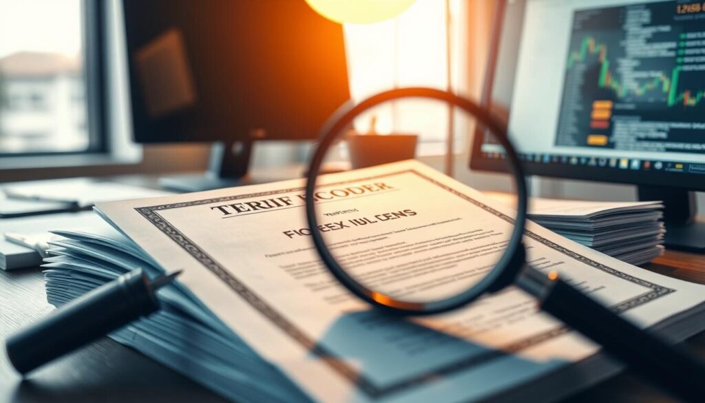 A detailed, professional financial document displayed on a desk with a magnifying glass, showcasing the verification of a forex broker's regulation. The document is well-lit, with a warm and inviting atmosphere, captured from a slightly elevated angle to emphasize its importance. The focal point is the broker's license or certificate, surrounded by orderly stacks of papers and a modern computer monitor in the background, conveying a sense of diligence and attention to detail in the financial regulatory process.