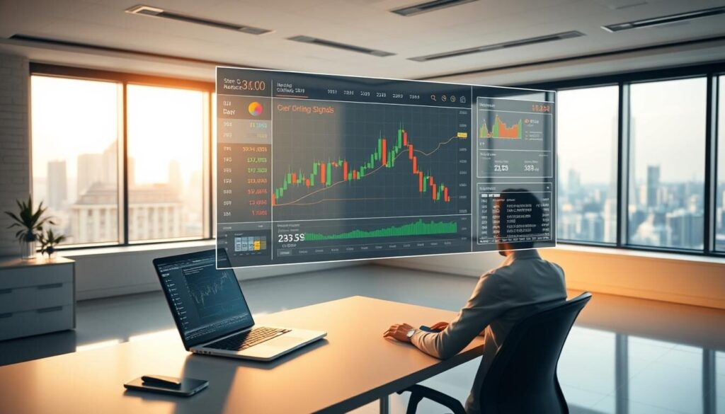 A detailed, step-by-step CFD trading example set against a clean, minimalist backdrop. In the foreground, a trader's desk with a laptop, charts, and trading tools. The middle ground features a holographic interface displaying market data, order flow, and trading signals. The background is a softly lit, modern office environment with large windows offering a cityscape view. The lighting is warm and natural, creating a sense of focus and professionalism. The overall mood is one of precision, control, and the calculated execution of a trading strategy.