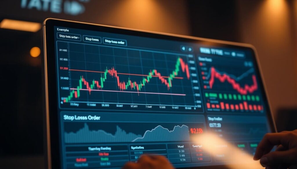 A detailed stop-loss order example displayed on a sleek touchscreen trading dashboard. The foreground shows a stock chart with clear indicator lines denoting the stop-loss order parameters. The middle ground features a minimalist user interface with intuitive controls and data visualizations. The background has a soft blur effect, conveying a sense of focus and professionalism. Warm, directional lighting highlights the key elements, creating depth and drama. The overall mood is one of precision, control, and financial expertise.