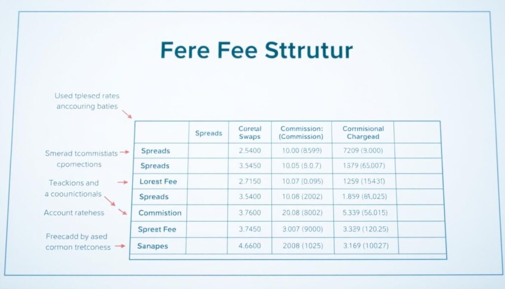 A detailed, technical diagram depicting the forex fee structure, with a clean, professional appearance. The foreground showcases various fee components such as spreads, commissions, and swaps, clearly labeled and color-coded. The middle ground presents a table or chart outlining the specific rates and charges associated with different account types or trading scenarios. The background features a subtle grid or blueprint-style pattern, suggesting the underlying financial framework. Lighting is soft and even, creating a sense of clarity and authority. The overall mood is one of informative precision, reflecting the specialized nature of the content.