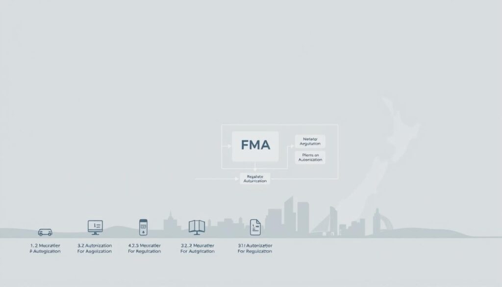 A detailed technical illustration of the FMA (Financial Markets Authority) regulation process in New Zealand. Depicted in a clean, minimalist style with a neutral color palette. The foreground shows the key steps of the authorization pipeline, with icons and graphical elements. The middle ground features a schematic diagram of the regulatory framework, highlighting the roles of the FMA and other governing bodies. In the background, a subtle cityscape silhouette represents the financial hub of New Zealand. Rendered with a muted, professional tone to convey the serious and authoritative nature of the regulatory environment.