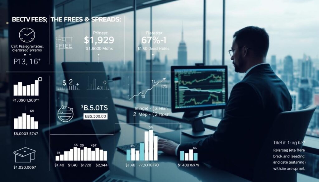 A detailed, technical infographic explaining broker fees and spreads in the forex market. The foreground shows various financial symbols, charts, and graphs illustrating different fee structures and spread calculations. The middle ground depicts a trader navigating an online trading platform, while the background features a city skyline with stock tickers and financial data visualizations. The lighting is crisp and modern, with a clean, minimalist aesthetic. The angle is a three-quarter view, providing a comprehensive overview of the topic. The overall mood is informative and data-driven, conveying the complexities of forex trading for a professional audience.