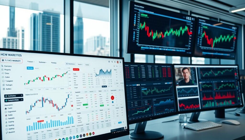 A detailed trading platform interface with various technical tools and indicators displayed on high-resolution monitors. The foreground features a sleek, minimalist dashboard with customizable widgets, real-time market data, and advanced charting capabilities. The middle ground showcases a variety of trading order types, risk management settings, and portfolio analysis panels. The background depicts a modern, well-lit office setting with large windows overlooking a bustling financial district. Soft, directional lighting emphasizes the clean, professional atmosphere, while subtle reflections on the screens create a sense of depth and interactivity. The overall mood is one of efficiency, precision, and a dedication to making informed, data-driven trading decisions.