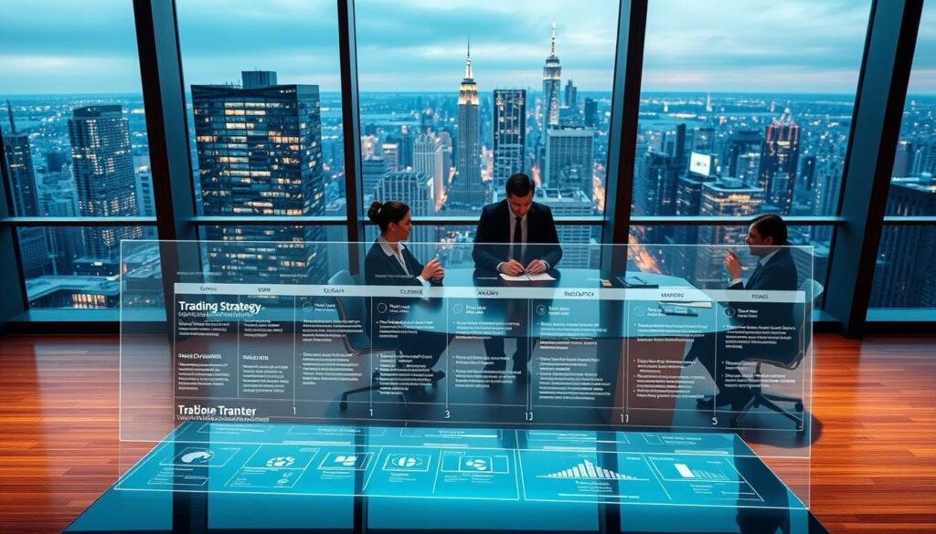 A detailed trading strategy roadmap set against a backdrop of a sleek, modern office space. In the foreground, a holographic display showcases a comprehensive plan, with milestones, timelines, and key performance indicators. The middle ground features a team of professionals in business attire, collaborating around a polished conference table, their faces illuminated by the soft glow of the display. In the background, floor-to-ceiling windows offer a panoramic view of a bustling financial district, the city skyline visible in the distance. The scene conveys a sense of focused determination, strategic planning, and a clear path to trading success.