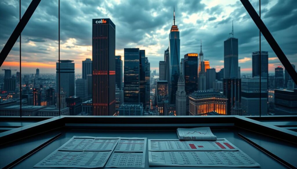 A detailed visual analysis of competitive spreads, commissions, and fee structures in the financial trading industry. A high-contrast, architectural composition with sharp lines and geometric forms. In the foreground, a grid of numerical data, spreadsheets, and fee schedules displayed on a sleek, metallic desk. Behind it, a panoramic view of a bustling financial district, skyscrapers reflecting the light from a dramatic, cinematic sky. Vivid colors, dramatic lighting, and a sense of precision and sophistication convey the dynamic, competitive nature of the trading landscape.