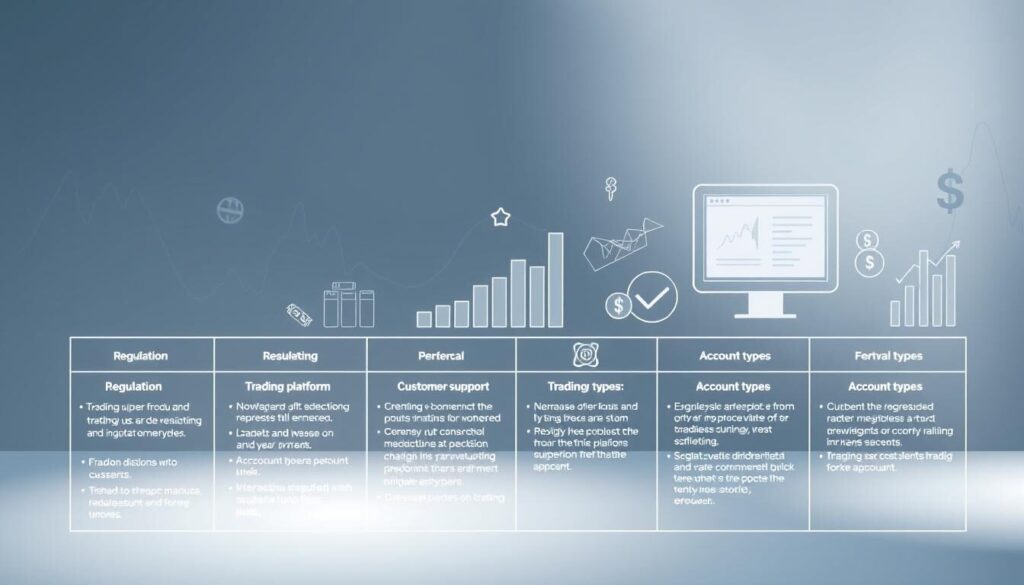 A detailed wireframe illustration showcasing the key criteria for selecting a reliable forex broker. In the foreground, a clean grid layout displays icons and concise descriptions for essential features like regulation, trading platform, customer support, and account types. In the middle ground, abstract finance-themed elements such as bar charts, currency symbols, and an interactive trading interface create a professional, informative atmosphere. The background features a minimalist, high-contrast gradient to keep the focus on the central content. Lighting is soft and evenly distributed, with a subtle depth of field effect to guide the viewer's attention. The overall aesthetic is modern, data-driven, and designed to convey trust, transparency, and credibility for forex traders.