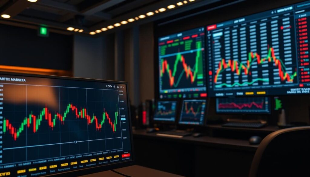 A digital trading platform with a sleek, modern interface. In the foreground, an ECN chart displays live market data, accompanied by intuitive trading tools. The middle ground features a customizable dashboard, showcasing key account information and analytical insights. In the background, a large monitor displays a comprehensive view of the forex market, with real-time quotes and trends. The entire scene is bathed in a warm, professional lighting, creating a sense of efficiency and precision. The overall atmosphere conveys the power and flexibility of an advanced ECN trading environment.