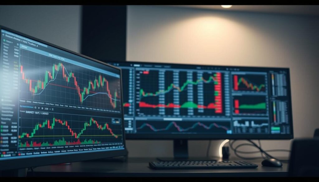 A digital trading workstation with a MetaTrader 4 interface, featuring a clean and intuitive layout on a high-resolution display. In the foreground, various technical analysis tools and indicators are arranged neatly, including candlestick charts, trend lines, and oscillators. The middle ground showcases the market watch panel, displaying live prices and market data. In the background, a sleek dark-themed terminal with minimal UI elements, creating a professional and focused atmosphere for active trading. The lighting is soft and natural, with a touch of ambient glow, providing an optimal environment for detailed market analysis and informed decision-making.