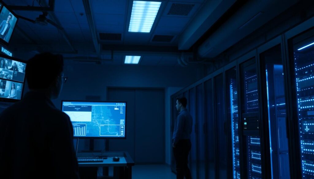 A dimly lit corporate office, the atmosphere tense with an air of vigilance. In the foreground, a series of security monitors display live feeds from surveillance cameras, their screens casting an eerie blue glow across the space. In the middle ground, a security guard meticulously reviews a set of access control panels, ensuring the integrity of the building's defenses. In the background, a sleek, state-of-the-art server rack stands as the nerve center, protecting sensitive financial data with robust encryption and multilayered authentication protocols. The lighting is low and moody, creating a sense of heightened awareness and the importance of safeguarding critical assets.