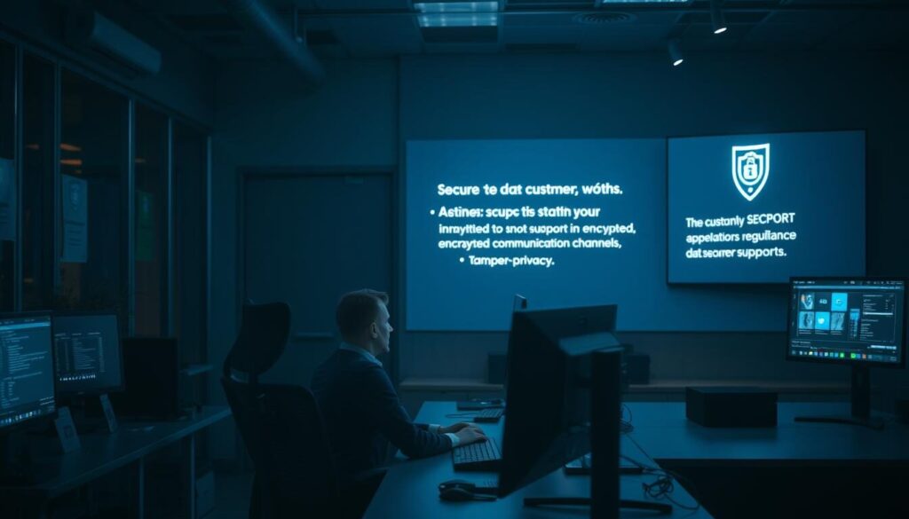 A dimly lit customer support office, illuminated by the soft glow of computer screens. In the foreground, a customer service representative sits at a desk, focused on their work, surrounded by state-of-the-art security measures such as biometric authentication, encrypted communication channels, and tamper-evident seals. The middle ground features a sleek, modern security console, displaying real-time monitoring of the office's network and access control systems. In the background, a wall-mounted display showcases the company's commitment to data privacy and regulatory compliance, reinforcing the secure and trustworthy nature of the customer support experience.