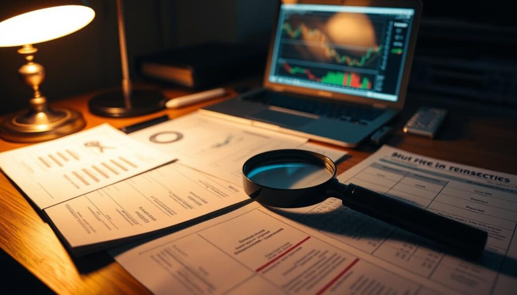 A dimly lit desk, the surface covered in financial documents, bank statements, and a laptop displaying forex trading charts. A magnifying glass hovers over the papers, a detective's tool for meticulously examining the evidence. The room is bathed in a warm, amber glow, creating a sense of focus and intensity. Shadows cast by the desk lamp create depth, highlighting the importance of the task at hand. The overall atmosphere conveys a sense of precision, diligence, and the gravity of uncovering financial wrongdoing.